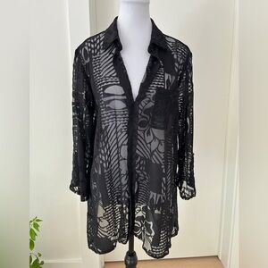 JOSEPH RIBKOFF Sheer Black Pullover Tunic 3/4 Roll Tab Sleeve Deep V Neck Travel